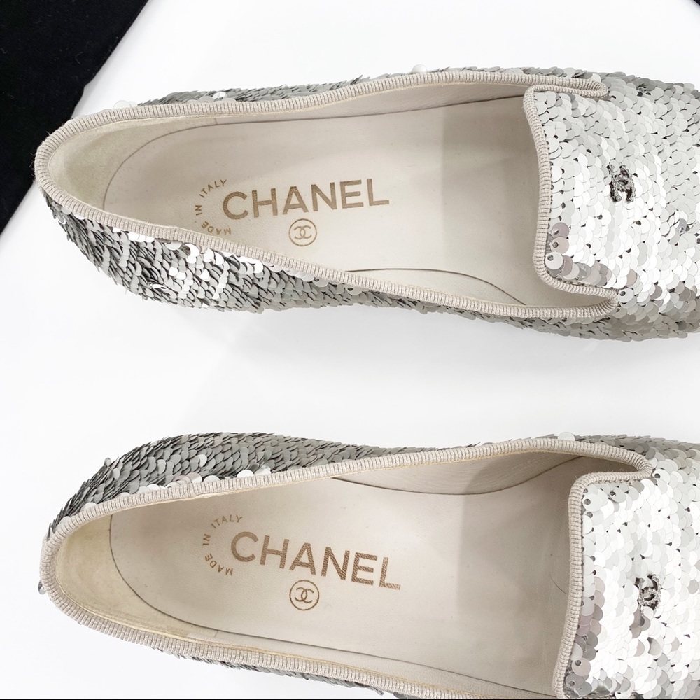 CHANEL | Silver Sequin Loafers Slippers Flats - Picture 5 of 12
